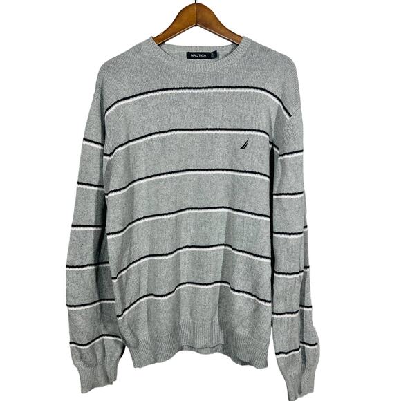 Vintage 90s Nautica Crewneck Sweater Stripe Long Sleeve Grey - L - Picture 1 of 4